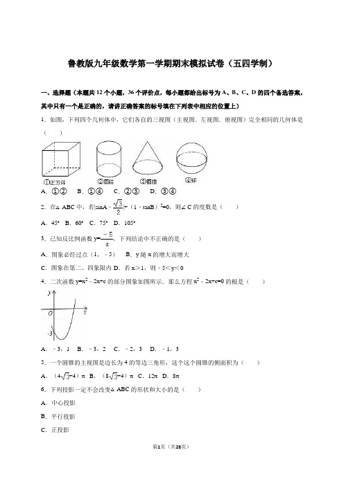 鲁教版九年级数学第一学期期末模拟试卷(五四学制)