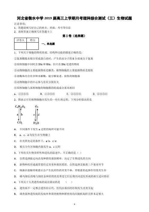 河北省衡水中学2019届高三上学期月考理科综合测试(三)生物试题