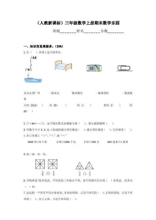 人教新课标三年级数学上册期末数学乐园