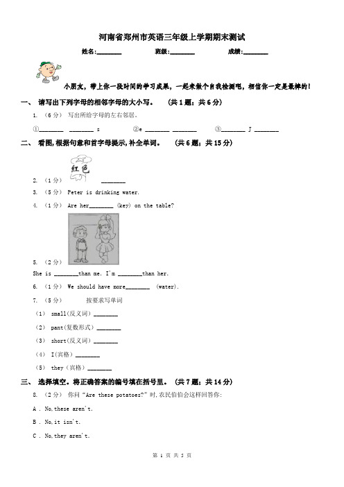 河南省郑州市英语三年级上学期期末测试