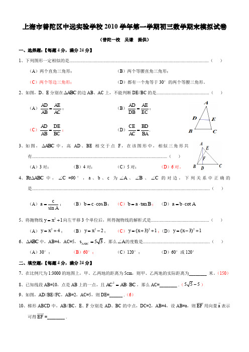 普陀区中远实验学校2010学年第一学期初三数学期末模拟试卷