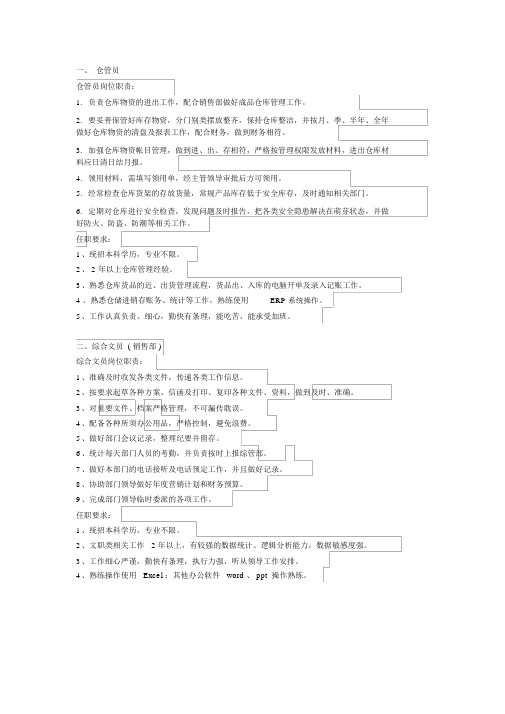 仓管员、综合文员岗位职责