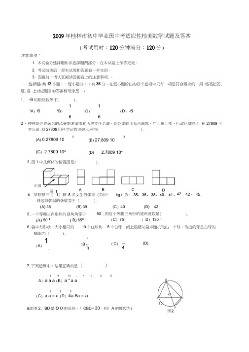 2009年广西桂林初中毕业班中考适应性检测--数学