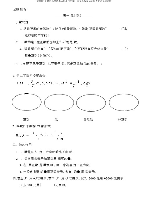 (完整版)人教版小学数学六年级下册第一单元负数易错知识点汇总及练习题