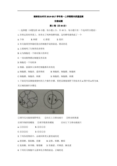 湖南省永州市2016-2017学年高一上学期期末质量监测生物试题 Word版含答案
