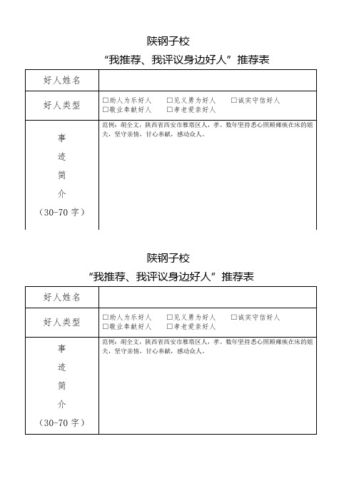 XXX学校“我推荐、我评议身边好人”推荐表