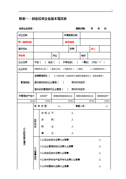 附表一创业投资企业单位基本情况表