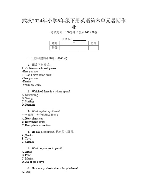 武汉2024年小学6年级下册第14次英语第六单元暑期作业