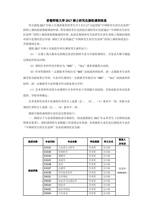 首都师范大学 2017 硕士研究生接收调剂信息