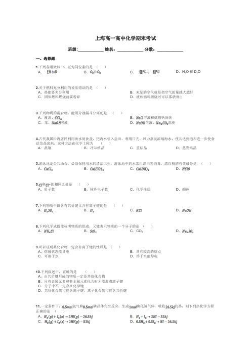 上海高一高中化学期末考试带答案解析
