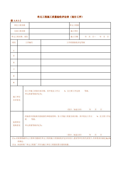 单元工程施工质量验收评定表