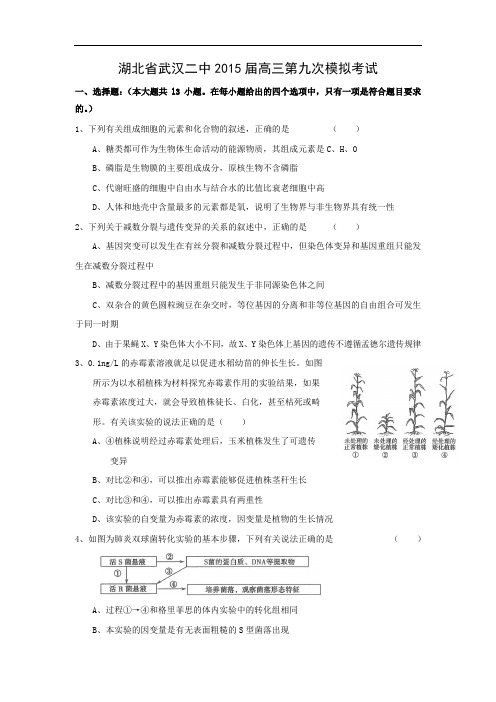 生物高考模拟卷-高三生物试题及答案-武汉二中2015届高三第九次模拟考试