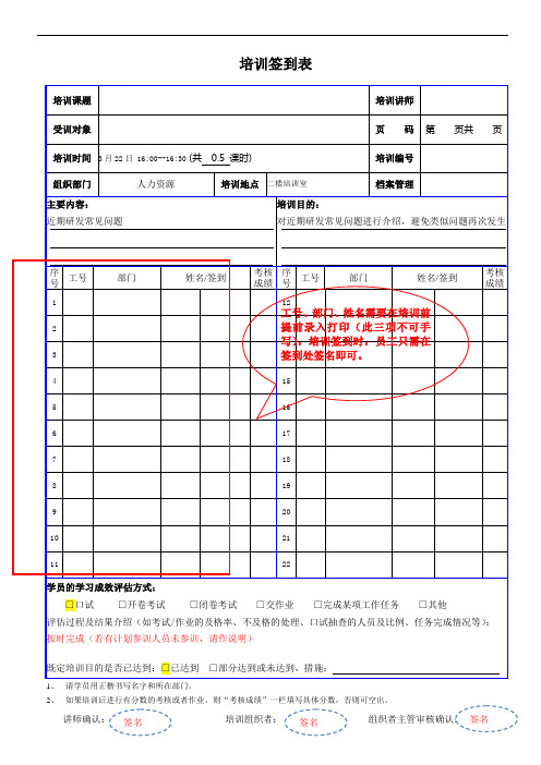 培训记录表签到表(范本)