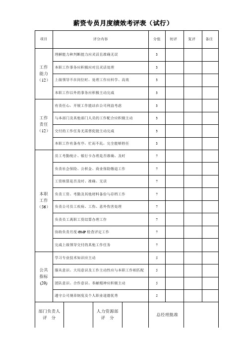 薪资专员绩效考核表