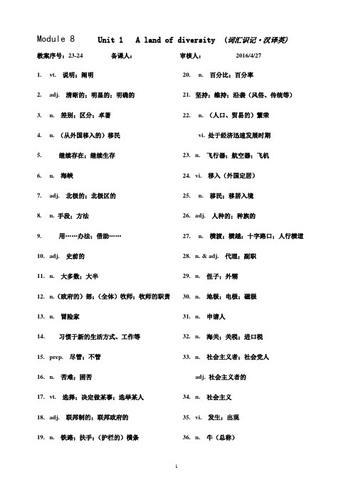 英语选修8 unit1 词汇汉译英及课文翻译