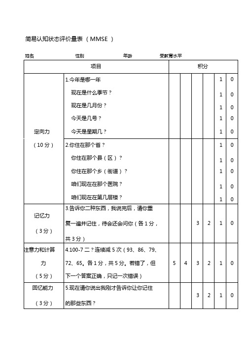 认知状态评价量表MMSE量表