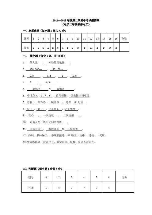 2014—2015年度第二学期中考试题维修电工答案