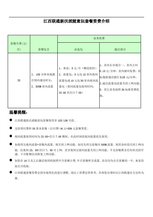 江西联通新沃派随意玩套餐资费介绍