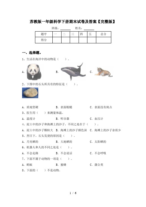 苏教版一年级科学下册期末试卷及答案【完整版】