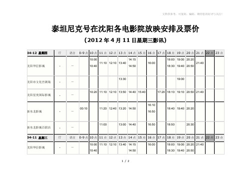 泰坦尼克号在沈阳各电影院放映安排及票价(2012年4月12日星期四影讯)