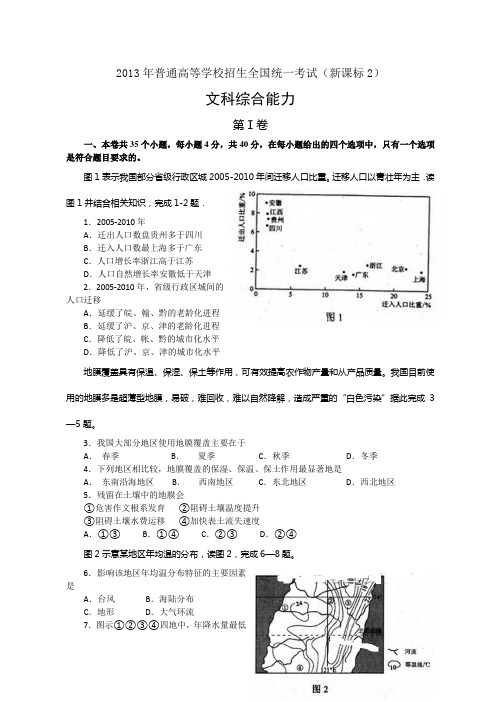 2013年全国高考文综(新课标II卷)试题及答案