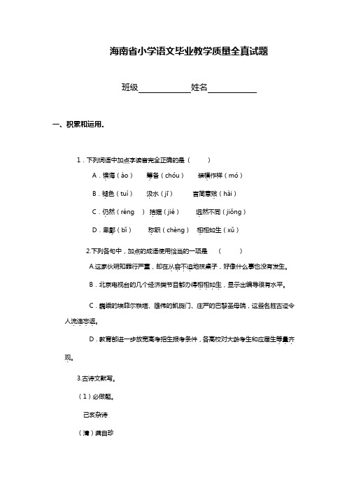 海南省小学语文毕业教学质量全真试题