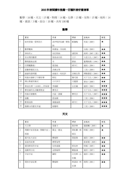 2010科普阅读年推荐一百种科普好书清单