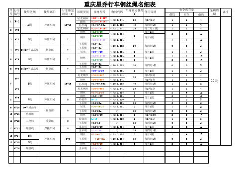 行车钢丝绳名细表