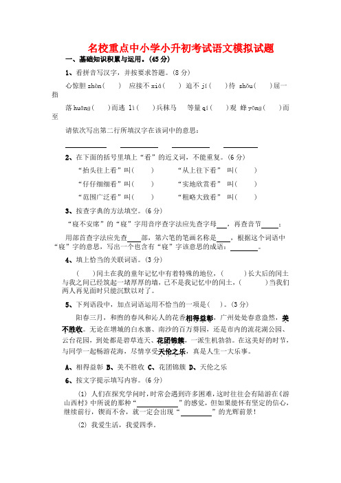 湖北省武汉市实验外国语学校小学部小学语文六年级小升初模拟试卷详细答案(共5套)