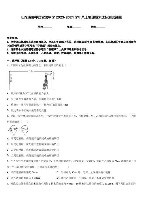 山东省邹平县实验中学2023-2024学年八上物理期末达标测试试题含答案