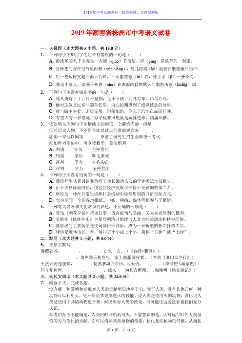 【2019年中考真题系列】2019年湖南省株洲市中考语文真题试卷含答案(解析版)