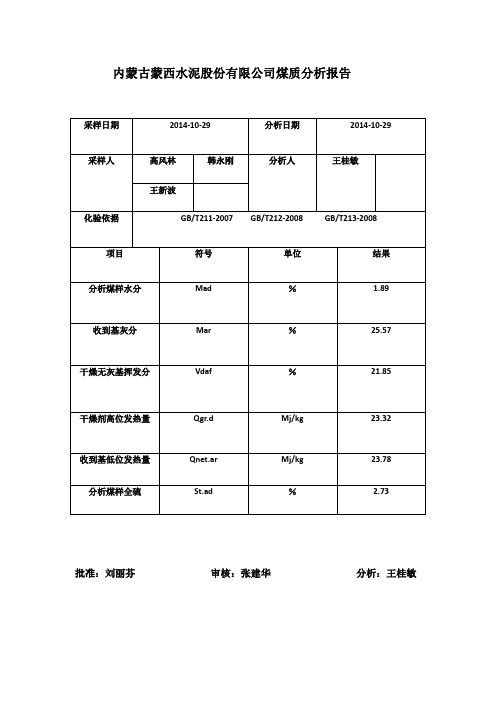 煤化验报告单(原煤)