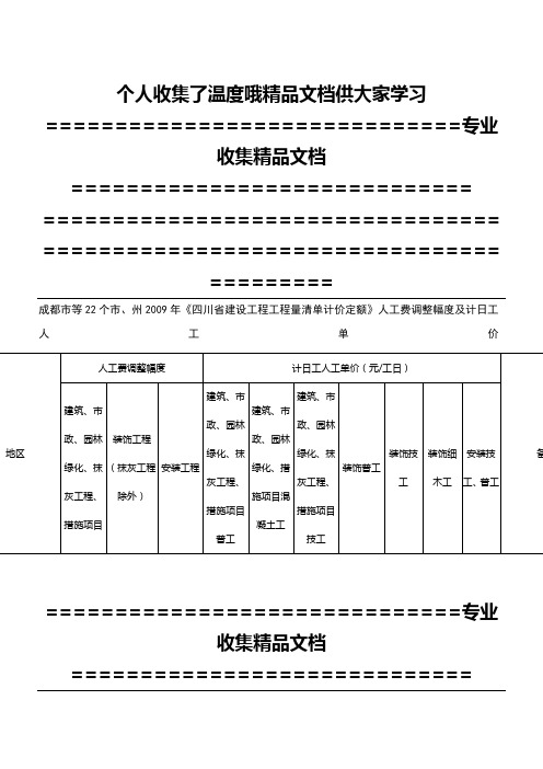 成都市等22个市、州2009年《四川省建设工程工程量清单计价定额》人工费调整幅度及计日工人工单价《二ΟΟ九