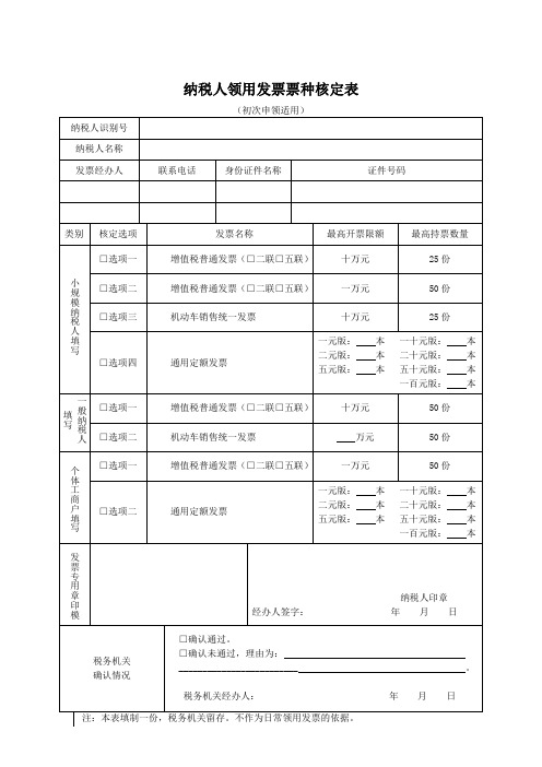 纳税人领用发票票种核定表