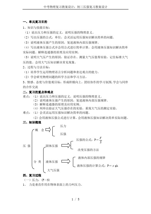 中考物理复习教案设计：初三压强复习教案设计