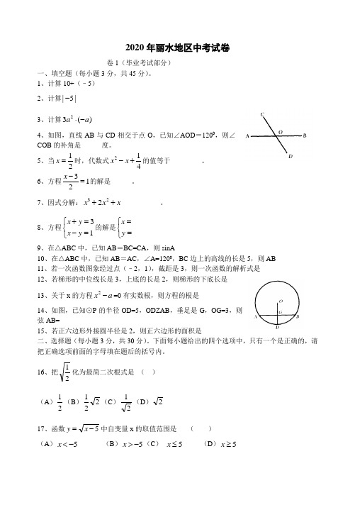 2020年丽水地区中考试卷