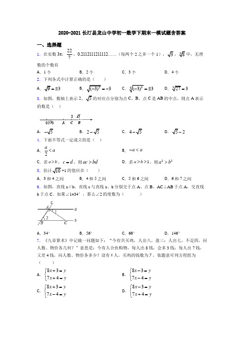 2020-2021长汀县龙山中学初一数学下期末一模试题含答案
