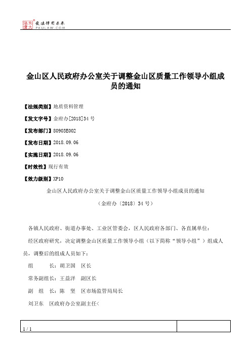 金山区人民政府办公室关于调整金山区质量工作领导小组成员的通知