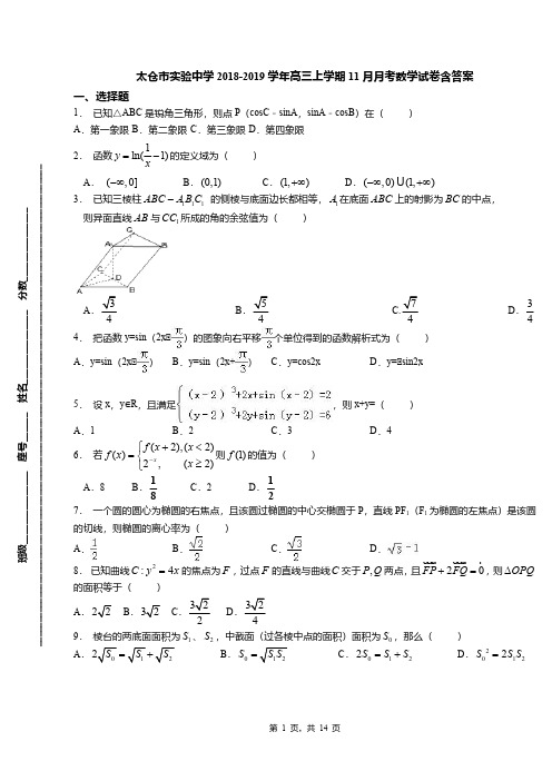 太仓市实验中学2018-2019学年高三上学期11月月考数学试卷含答案