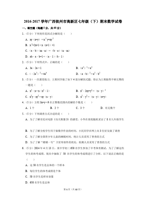 2016-2017年广西钦州市高新区七年级(下)期末数学试卷(解析版)