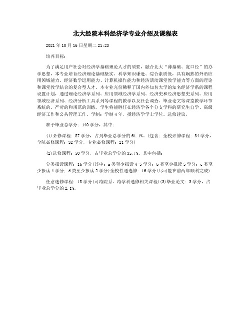 北大经院本科经济学专业介绍及课程表