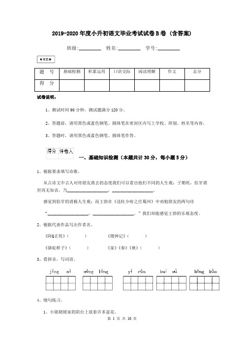 2019-2020年度小升初语文毕业考试试卷B卷 (含答案)