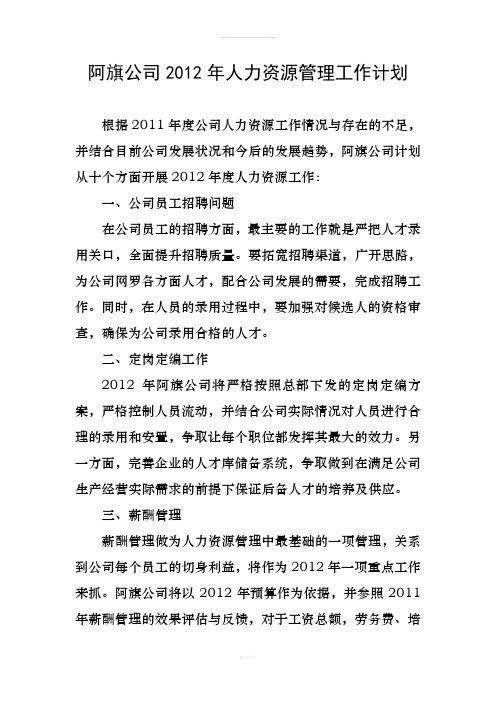 阿旗公司2012年人力资源管理工作计划