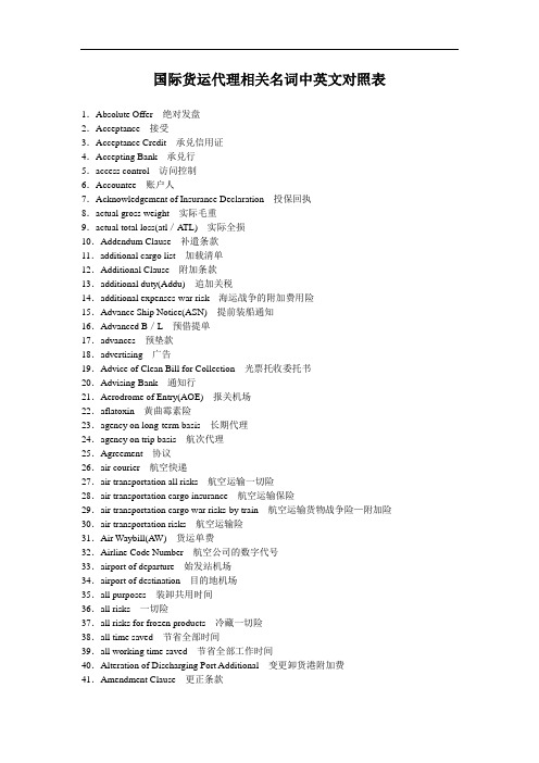 国际货运代理相关名词中英文对照表资料