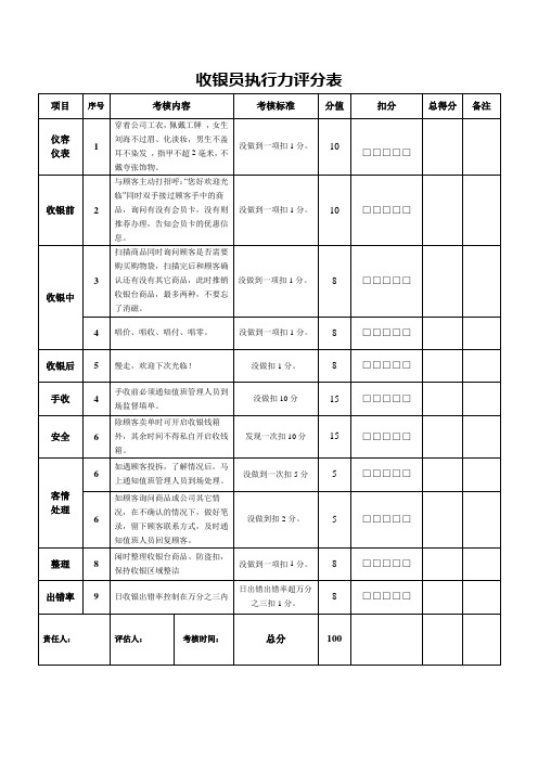 收银员执行力评分表