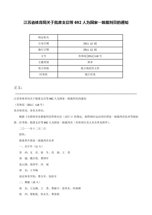 江苏省体育局关于批准支启等692人为国家一级裁判员的通知-苏体综[2011]116号