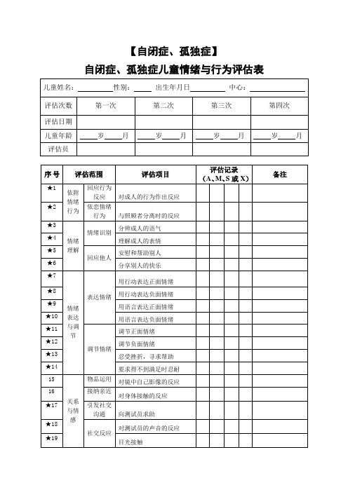 自闭症、孤独症儿童情绪与行为评估表