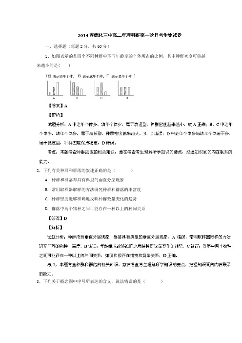 【试卷解析】福建福建省德化三中2013-2014学年高二下学期第一次月考生物(理)试题