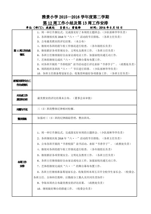 13 政教处第12周工作小结第13周工作安排