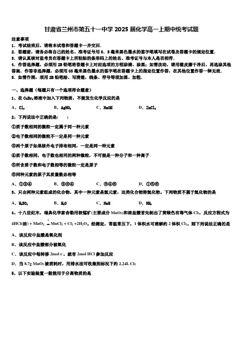 甘肃省兰州市第五十一中学2025届化学高一上期中统考试题含解析